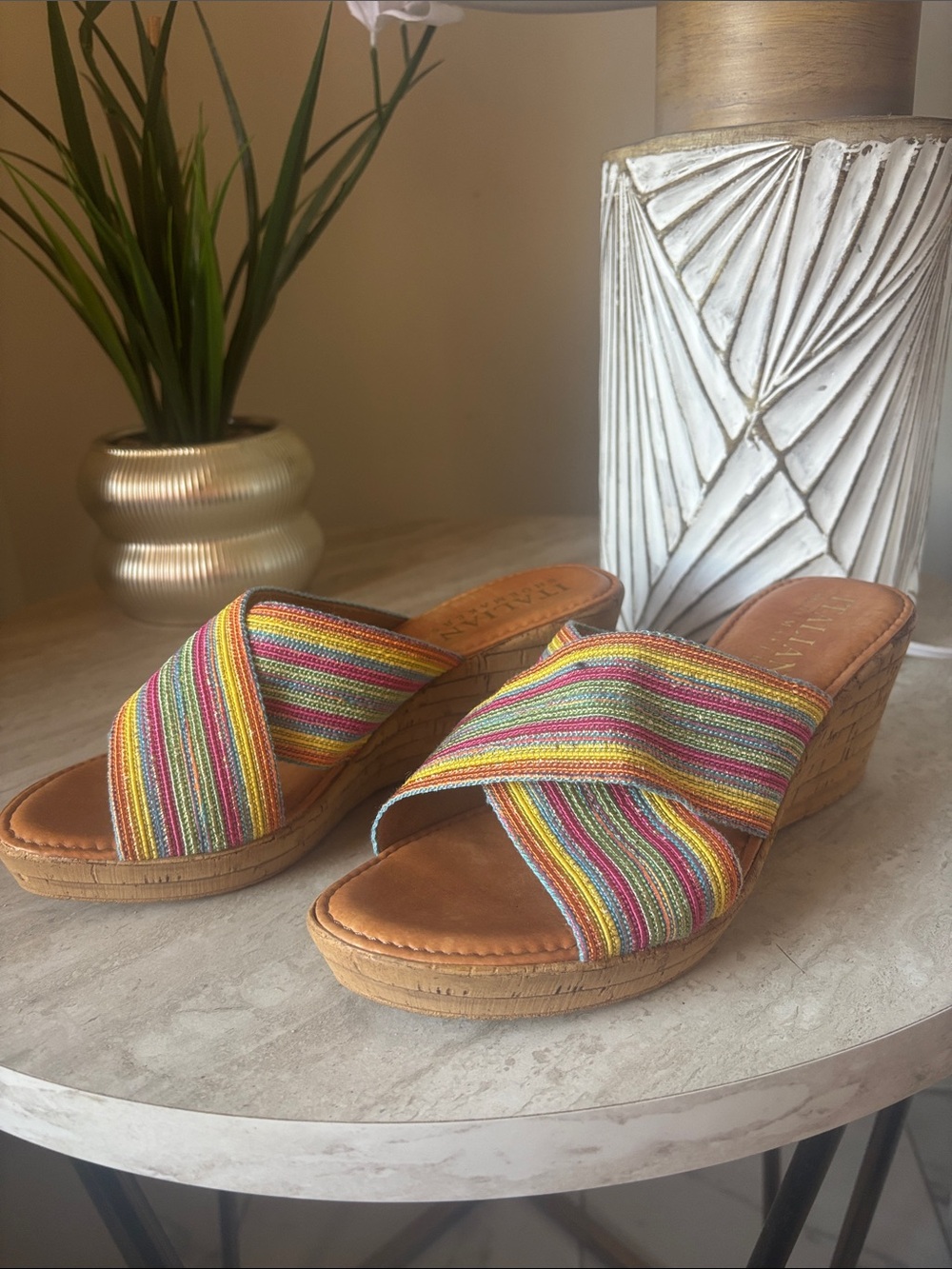 Italian Shoemakers Multicolor Striped Crossband Wedge Sandals